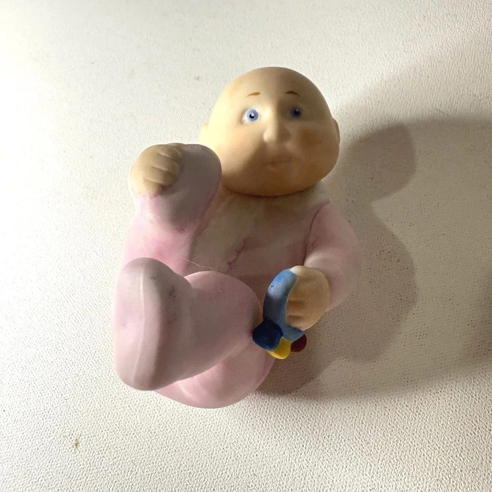Vintage Cabbage Patch Kids Porcelain Figurine Baby in Pink Sleeper with Rattle